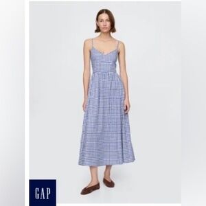 GAP Blue Gingham Spaghetti-Strap Midi Dress